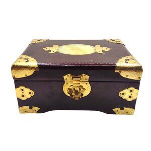 Vintage Chinese Rosewood Jewelry Box With Brass and Jade Accents & Red Lining